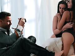 Sexy teens share the big piece between their soaked pussies